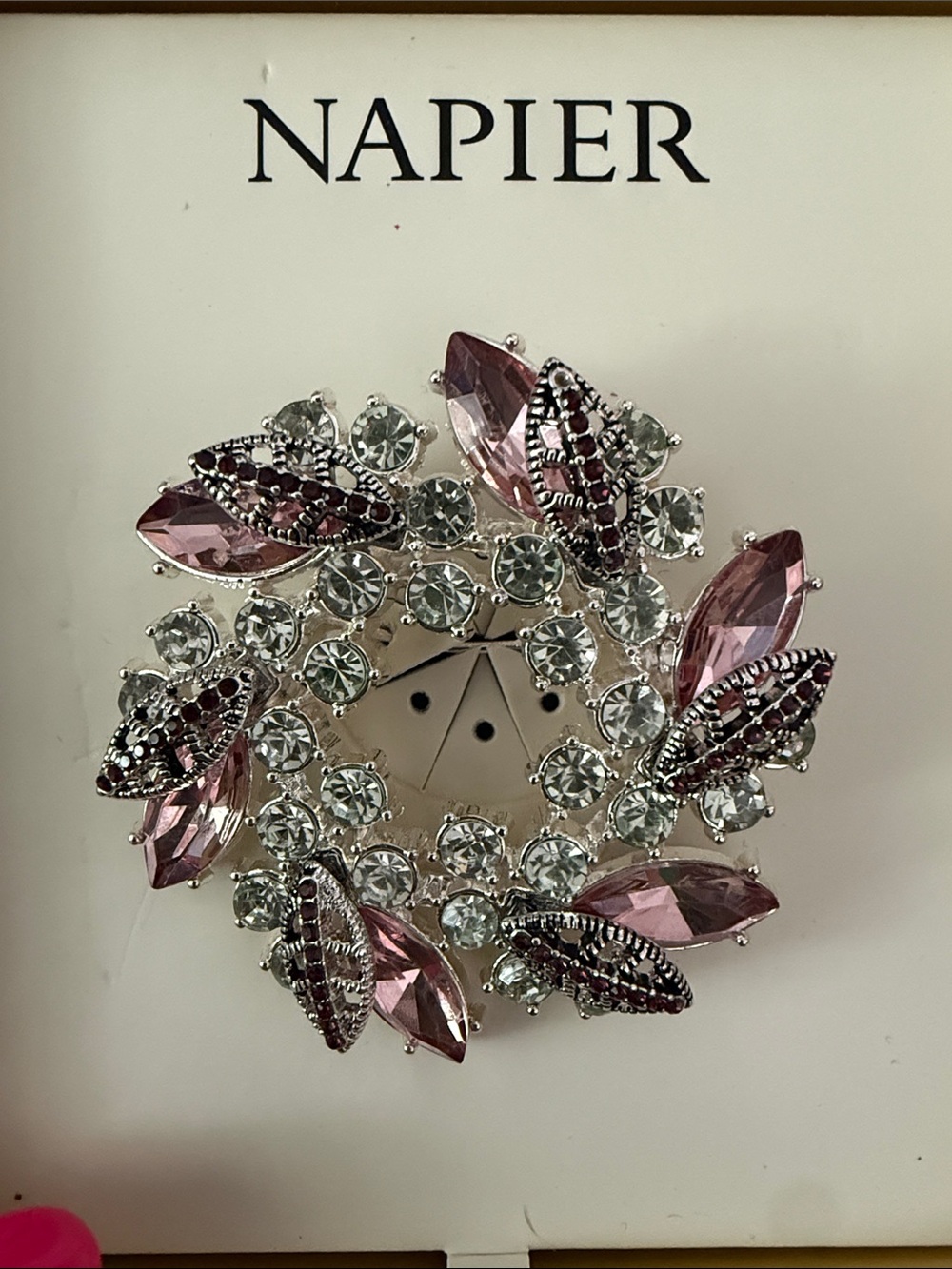 NWT in box Napier Silver-Tone Wreath Brooch with Pink Marquise Crystals 2”